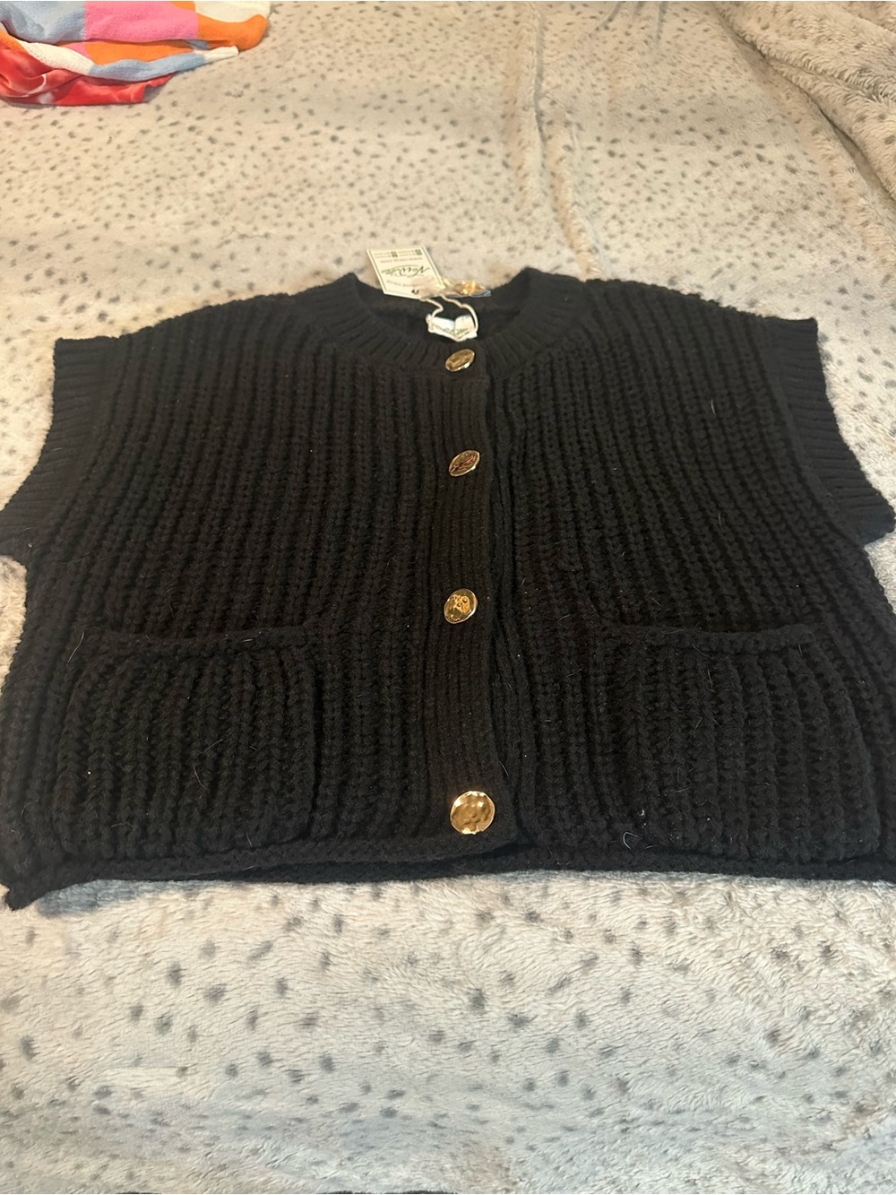 New Era Black Ribbed Knit Button-Front Sweater Cardigan with Gold Buttons